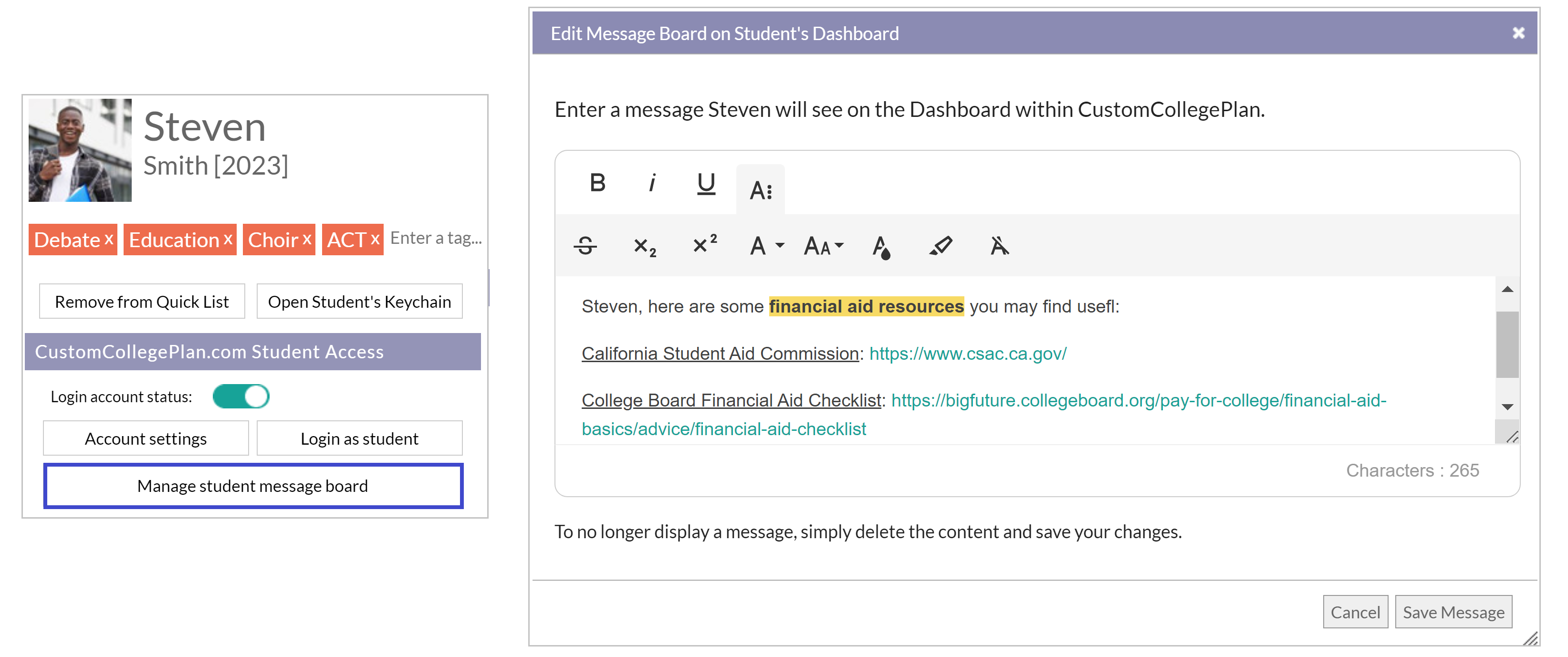 what-is-the-message-board-collegeplannerpro-support