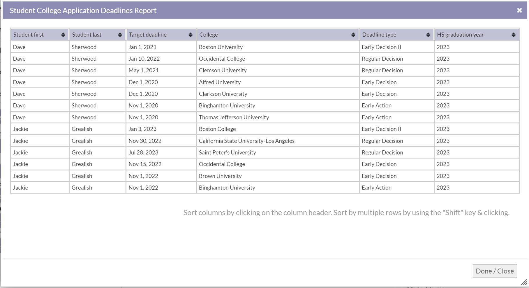 How do I create a College deadlines report for all students